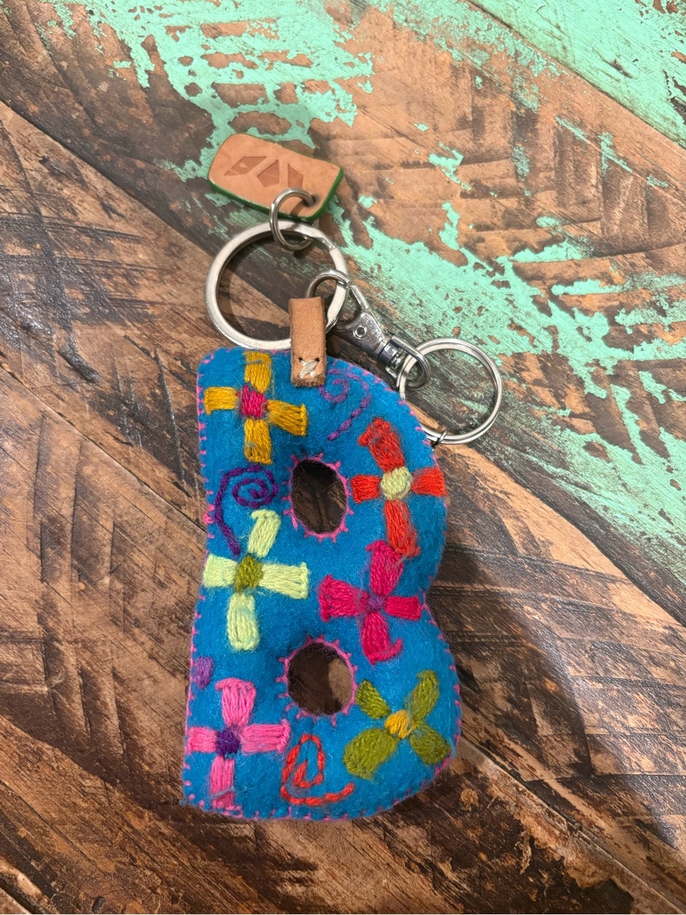 Consuela Blue Felt 'B' Keychain with Multicolor Embroidery